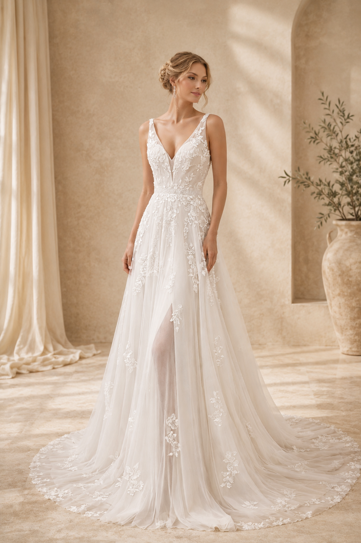 A woman in a beautiful white wedding dress with intricate lace detailing, standing elegantly in a softly lit, neutral-toned environment.