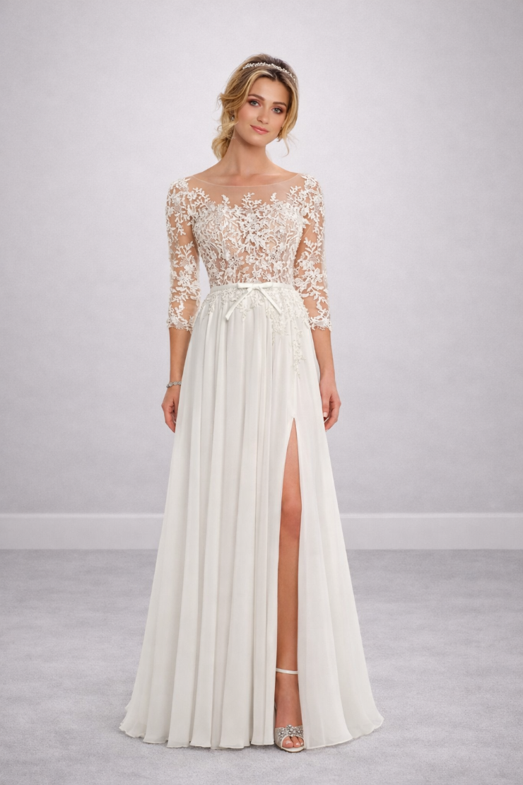 A woman is wearing a long, elegant white dress with lace details and three-quarter length sleeves. The dress features a thigh-high slit and a ribbon around the waist. She stands in front of a neutral background, looking slightly to the side.