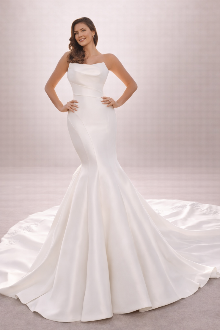 A woman wearing a fitted white wedding gown with a flared skirt, posing confidently.