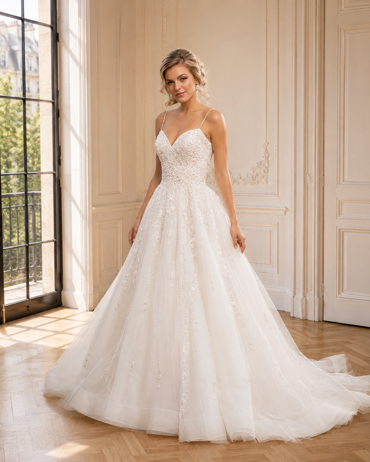 A woman wearing a beautiful white wedding dress with a fitted bodice and a full skirt, standing in a brightly lit room with large windows.